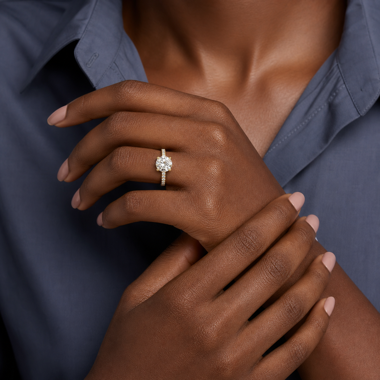 Round Hidden Halo Accent Luxe Pavé in 14K Yellow Gold wearing