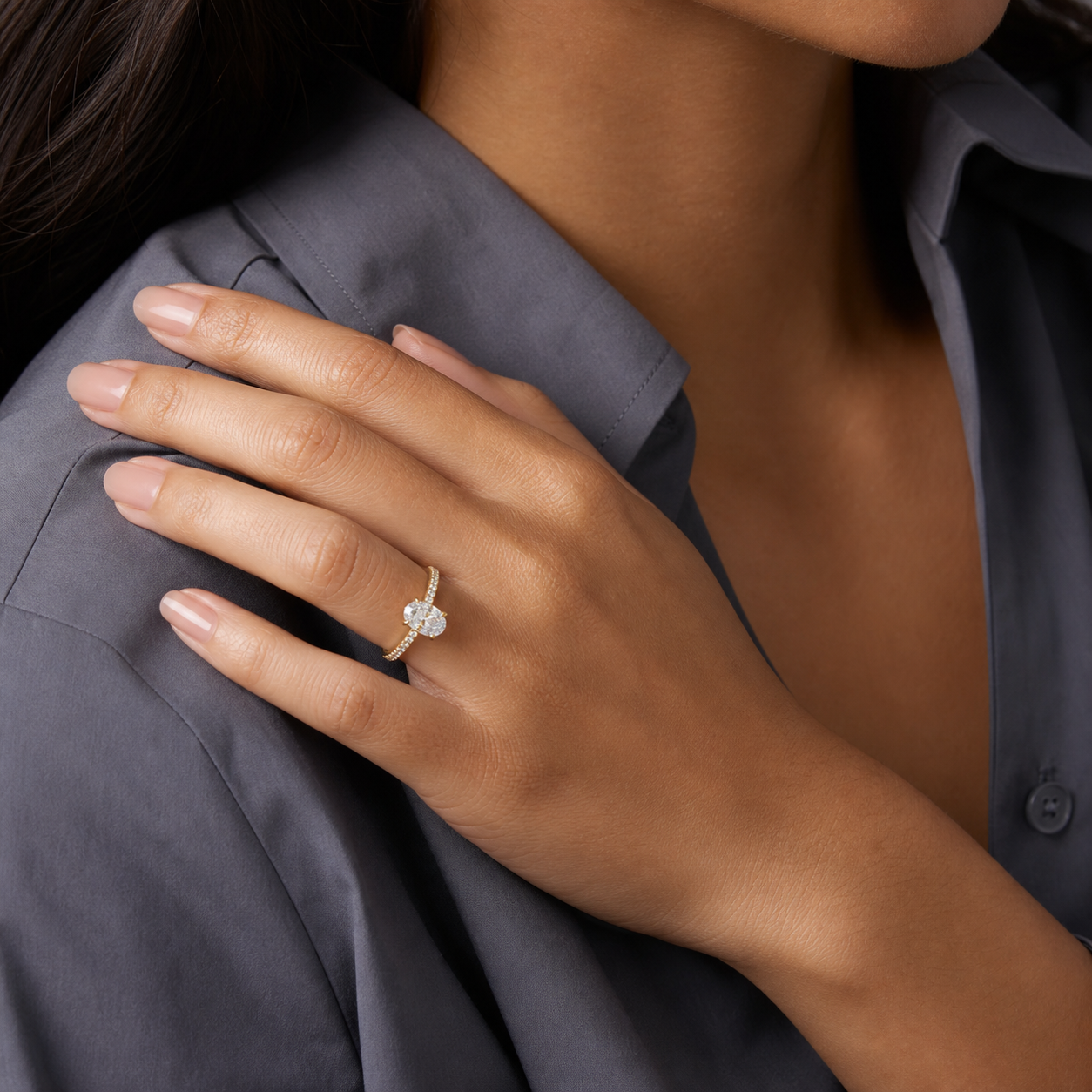 Oval Hidden Halo Accent Pavé in 14K Yellow Gold wearing