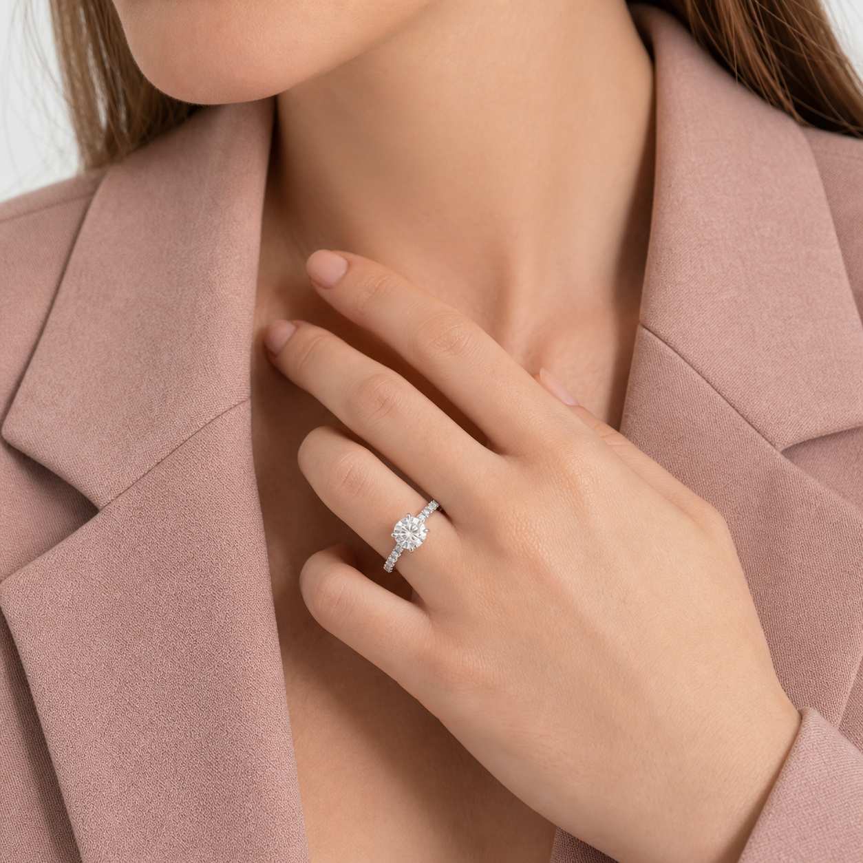 Round Hidden Halo Accent Pavé in 14K White Gold wearing