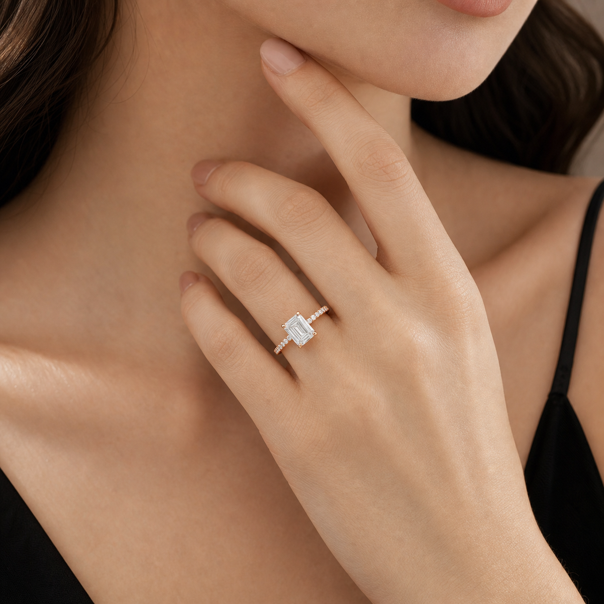 Emerald Classic Basket Pavé Solitaire in 14K Rose Gold wearing