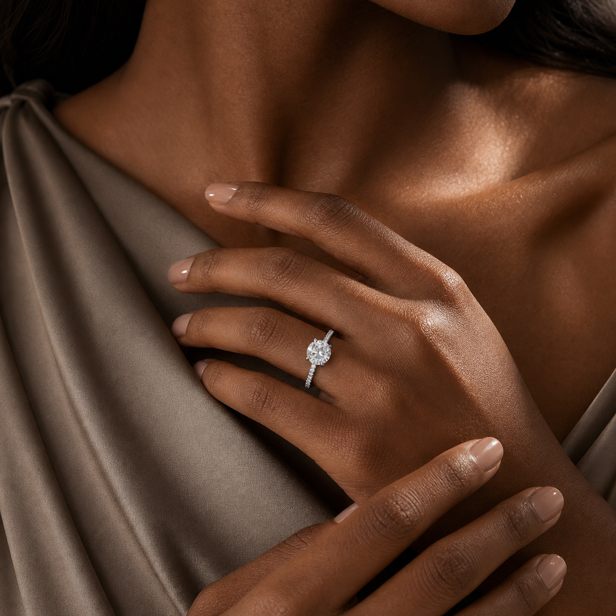 Oval Classic Basket Pavé Solitaire in 18K White Gold wearing