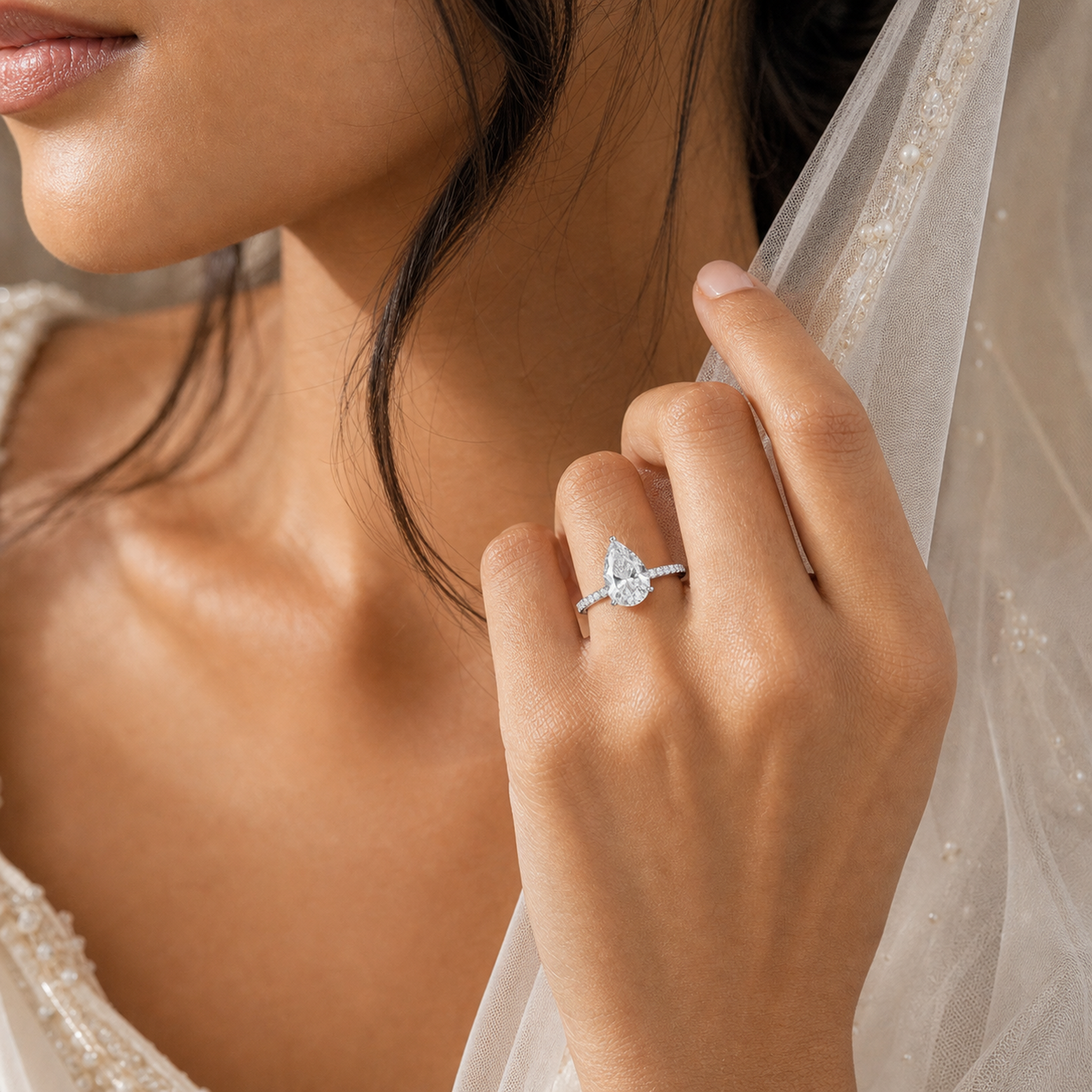 Pear Classic Basket Pavé Solitaire in 14K White Gold wearing