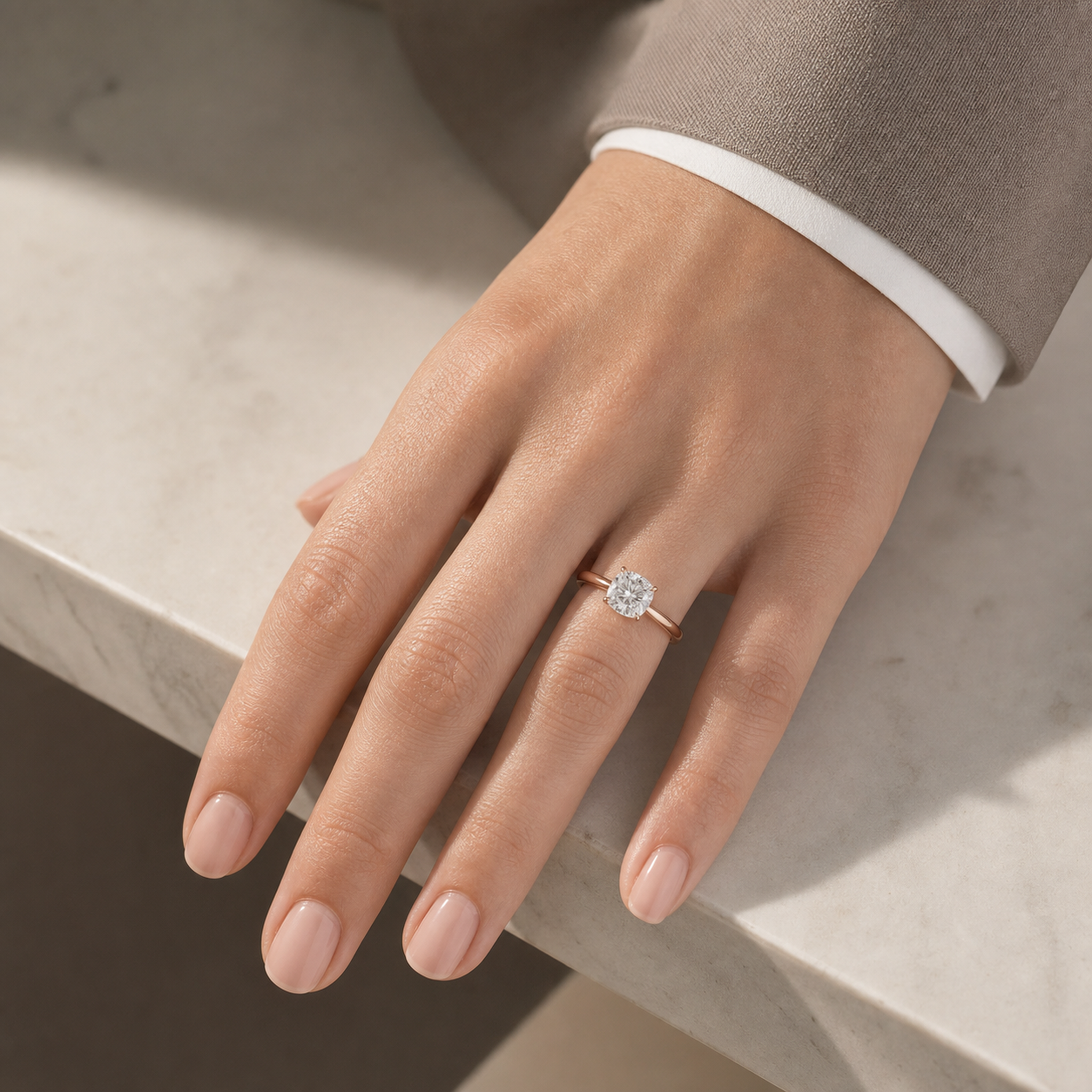 Cushion Classic Basket Plain Solitaire in 14K Rose Gold wearing