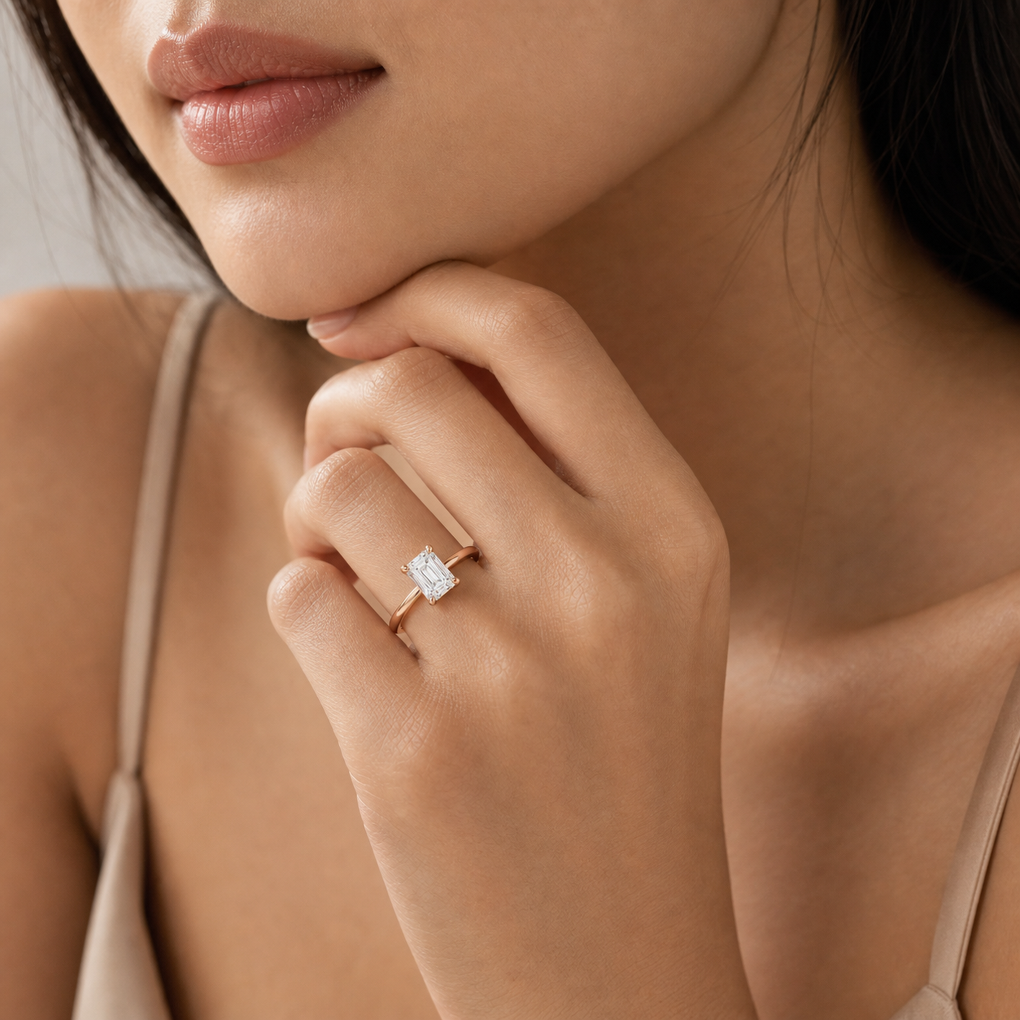 Emerald Classic Basket Plain Solitaire in 14K Rose Gold wearing