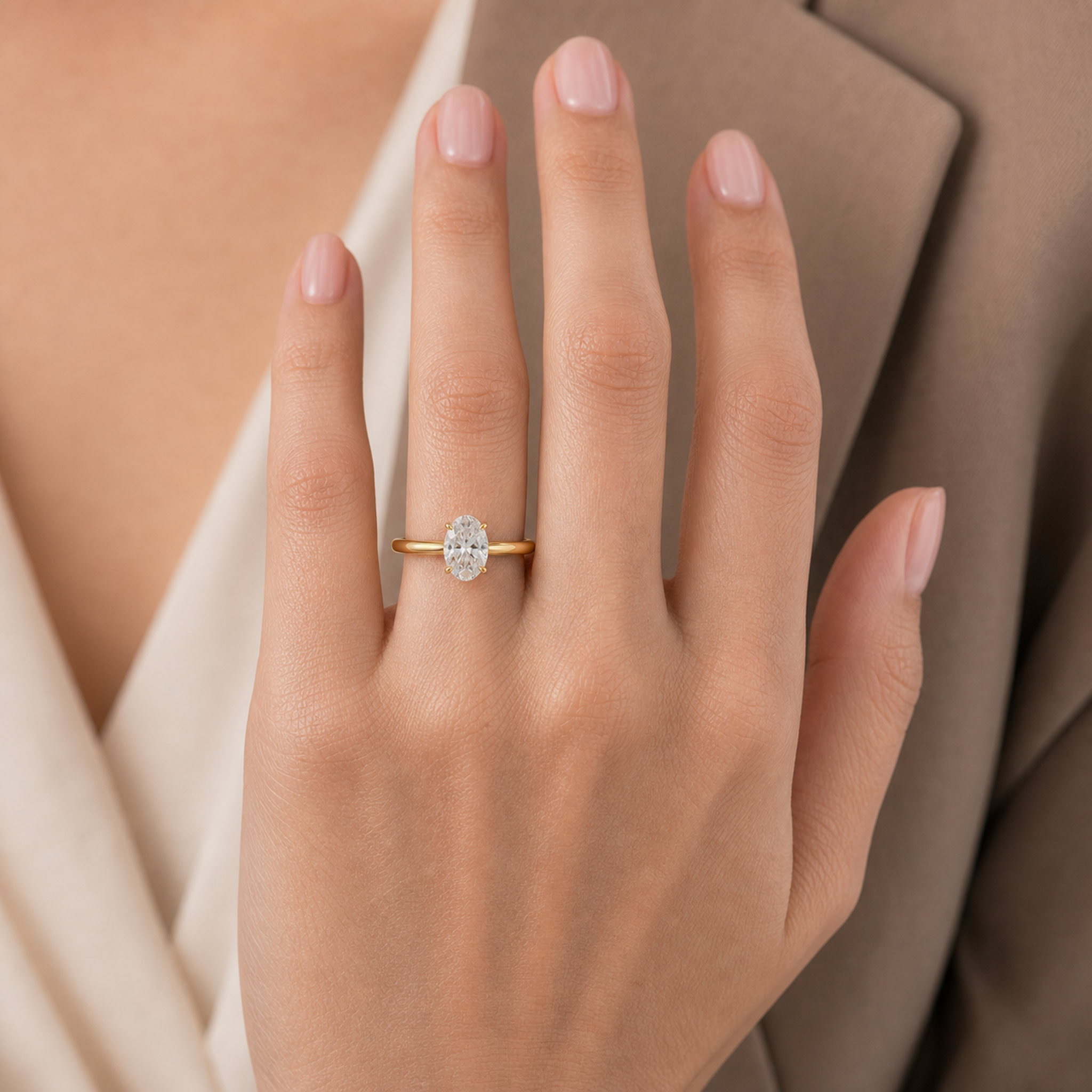 Oval Classic Basket Plain Solitaire in 18K Yellow Gold wearing