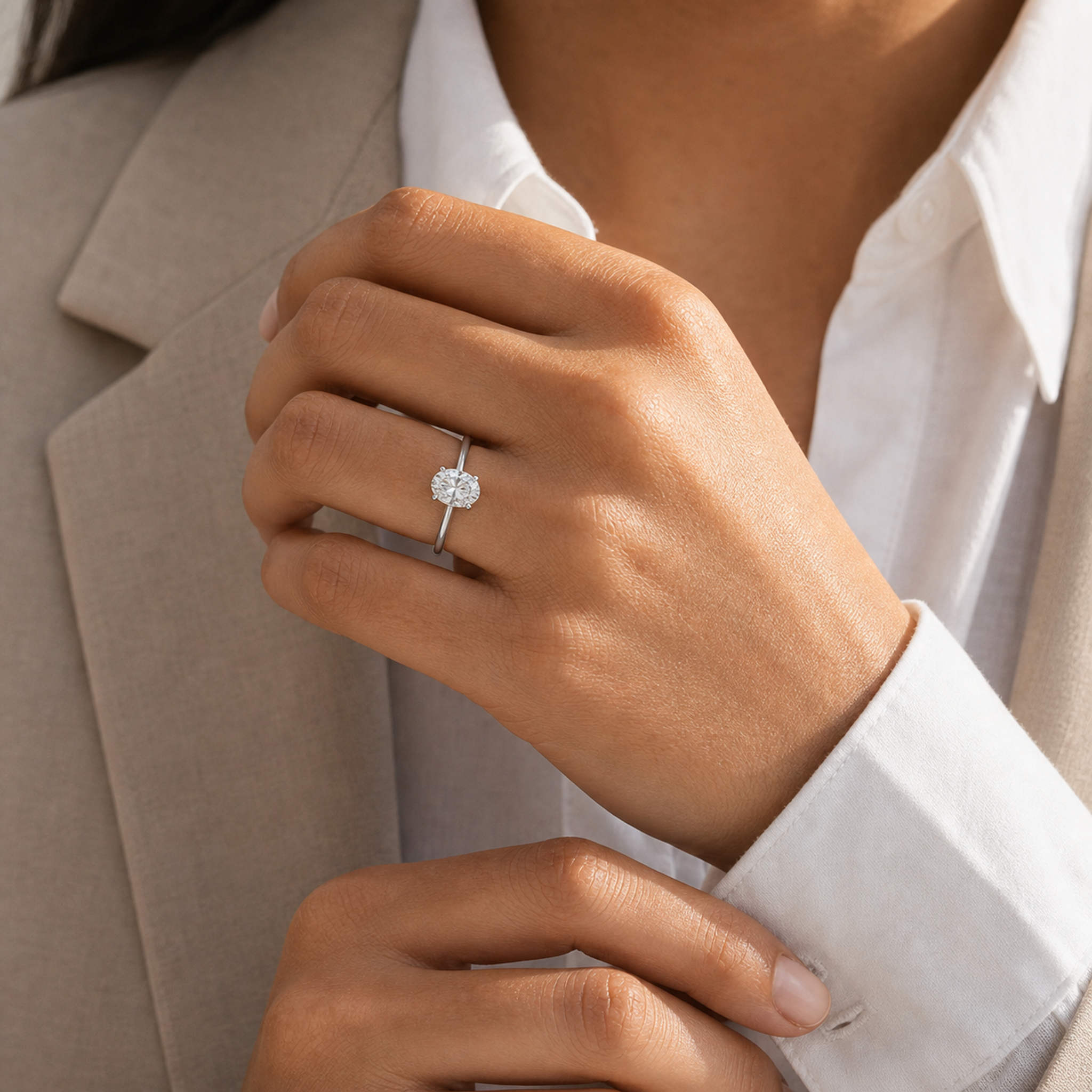 Oval Classic Basket Plain Solitaire in Platinum wearing