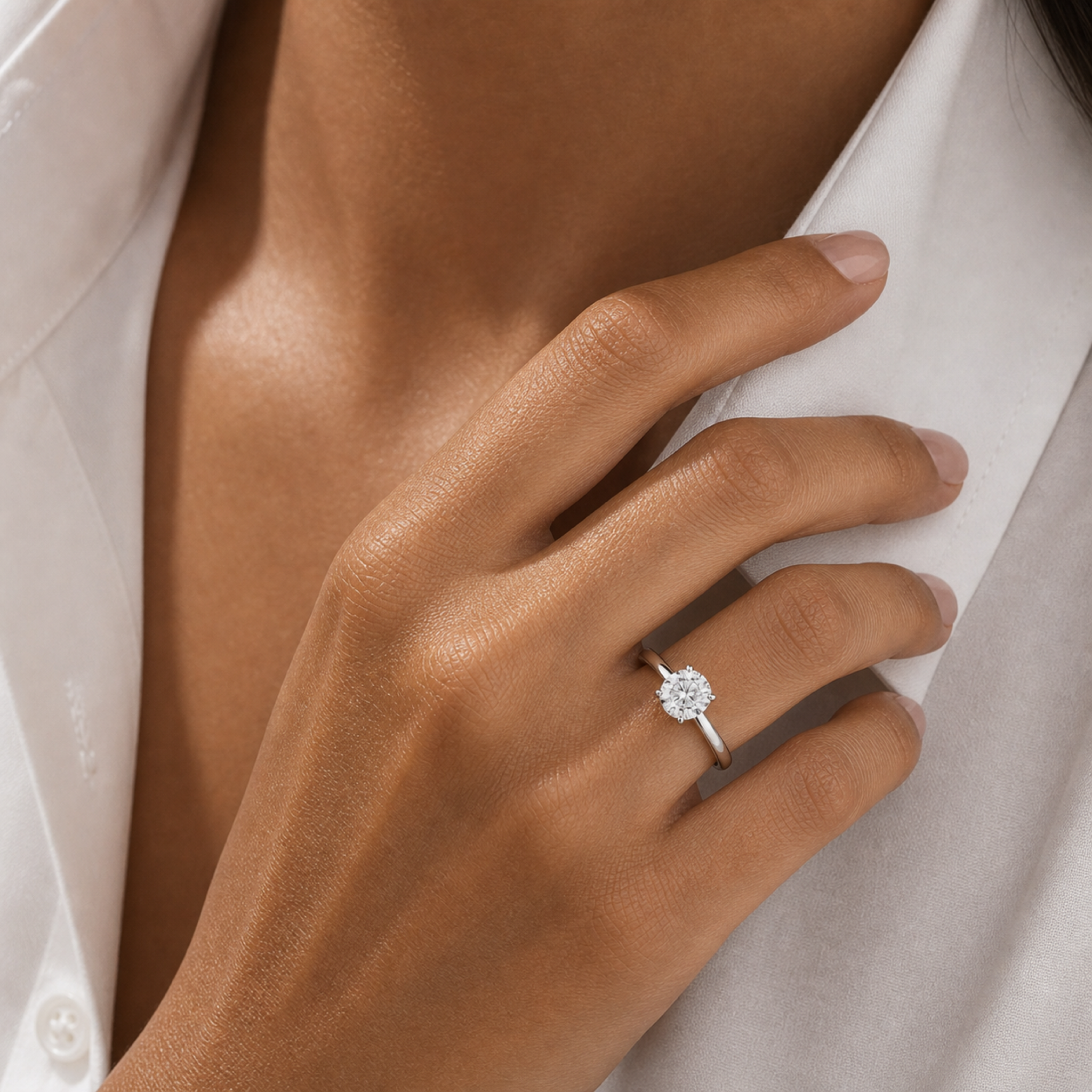 Round Classic Basket Plain Solitaire in Platinum wearing