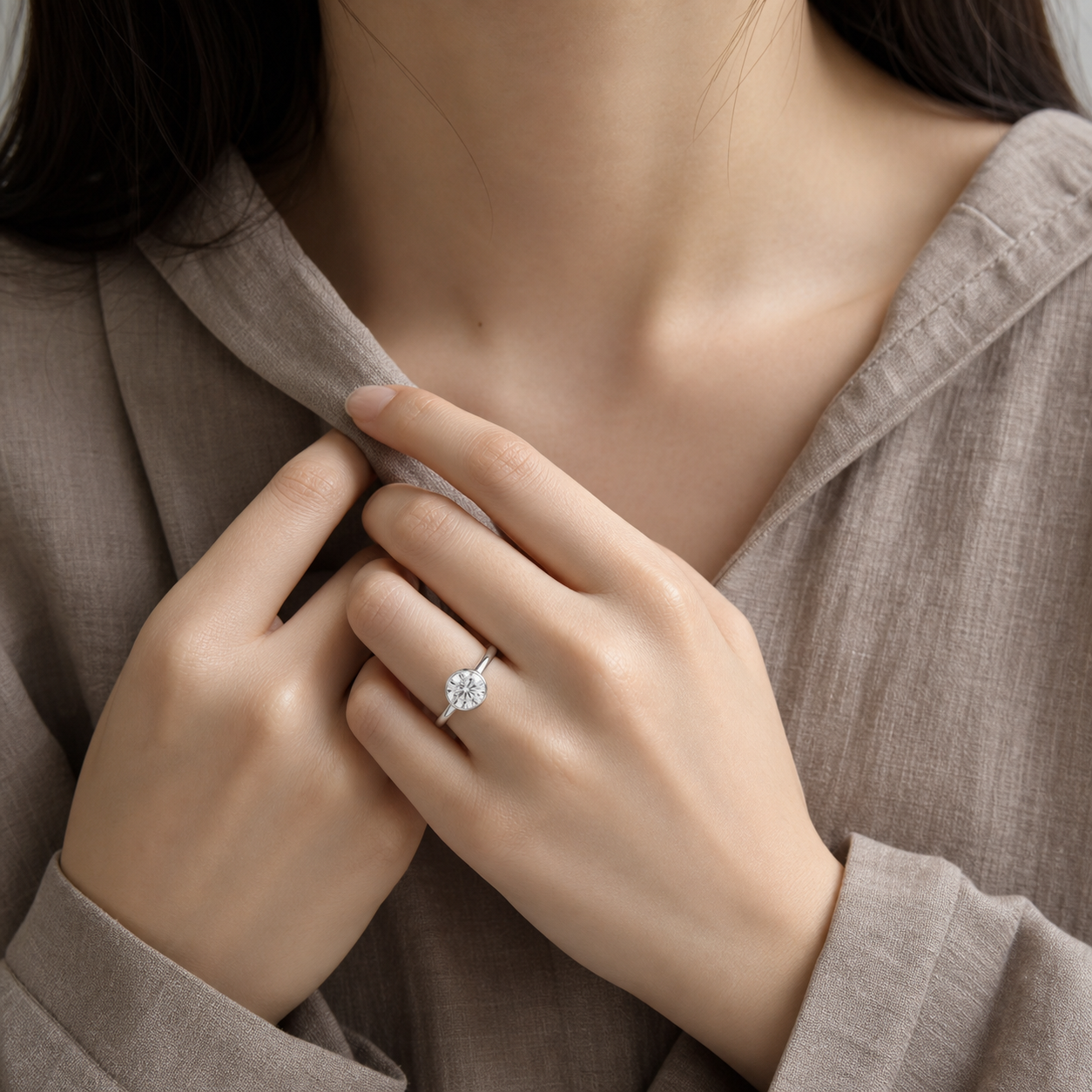 Round Medium Tapered Bezel Solitaire in 14K White Gold wearing