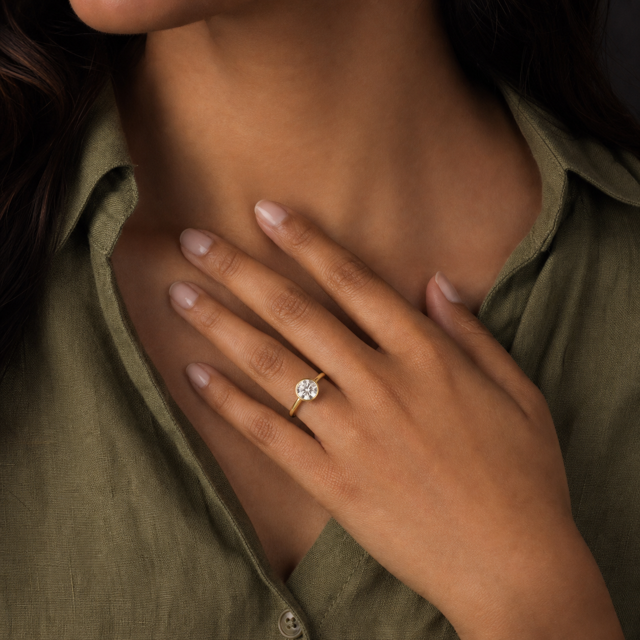 Round Slim Tapered Bezel Solitaire in 14K Rose Gold wearing