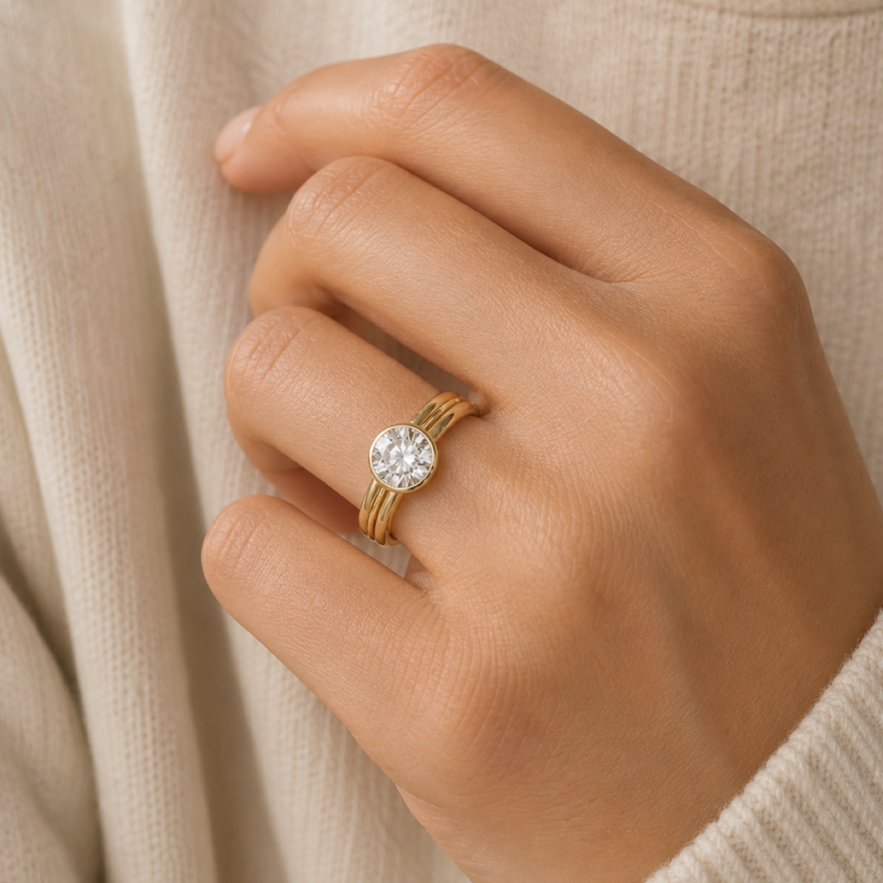 Round Stacked Band Bezel Solitaire in 18K Yellow Gold wearing