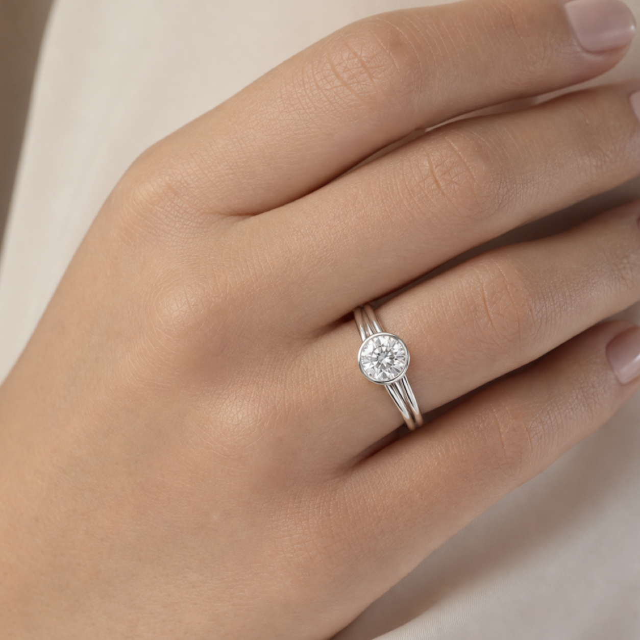 Round Stacked Band Bezel Solitaire in Platinum wearing