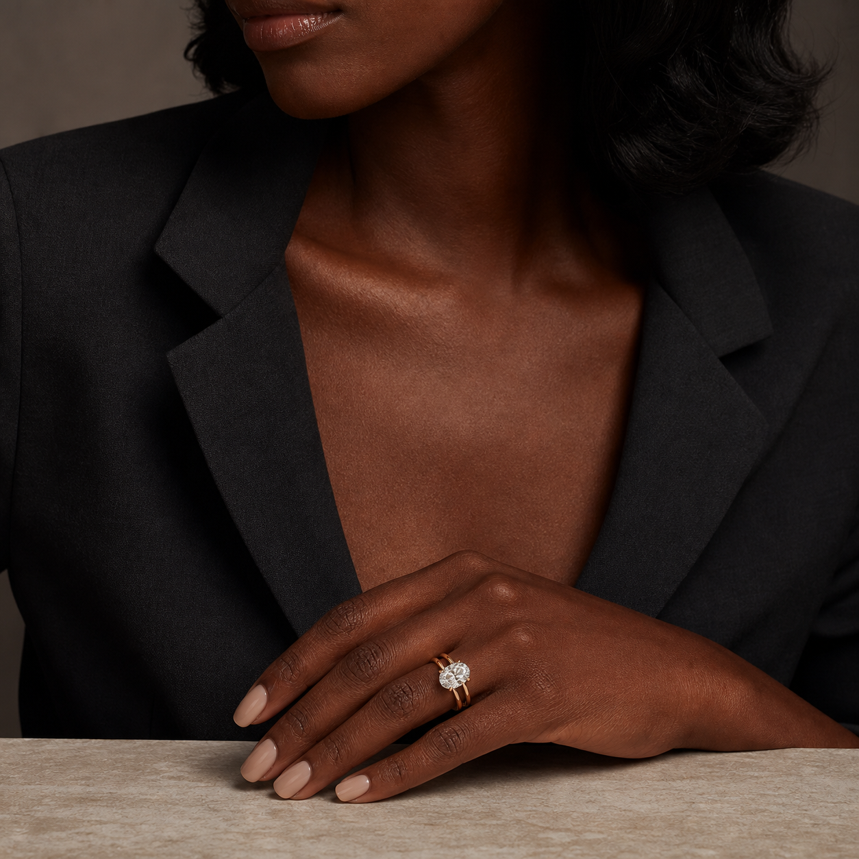 Oval Open Double Shank Solitaire in 18K Yellow Gold wearing