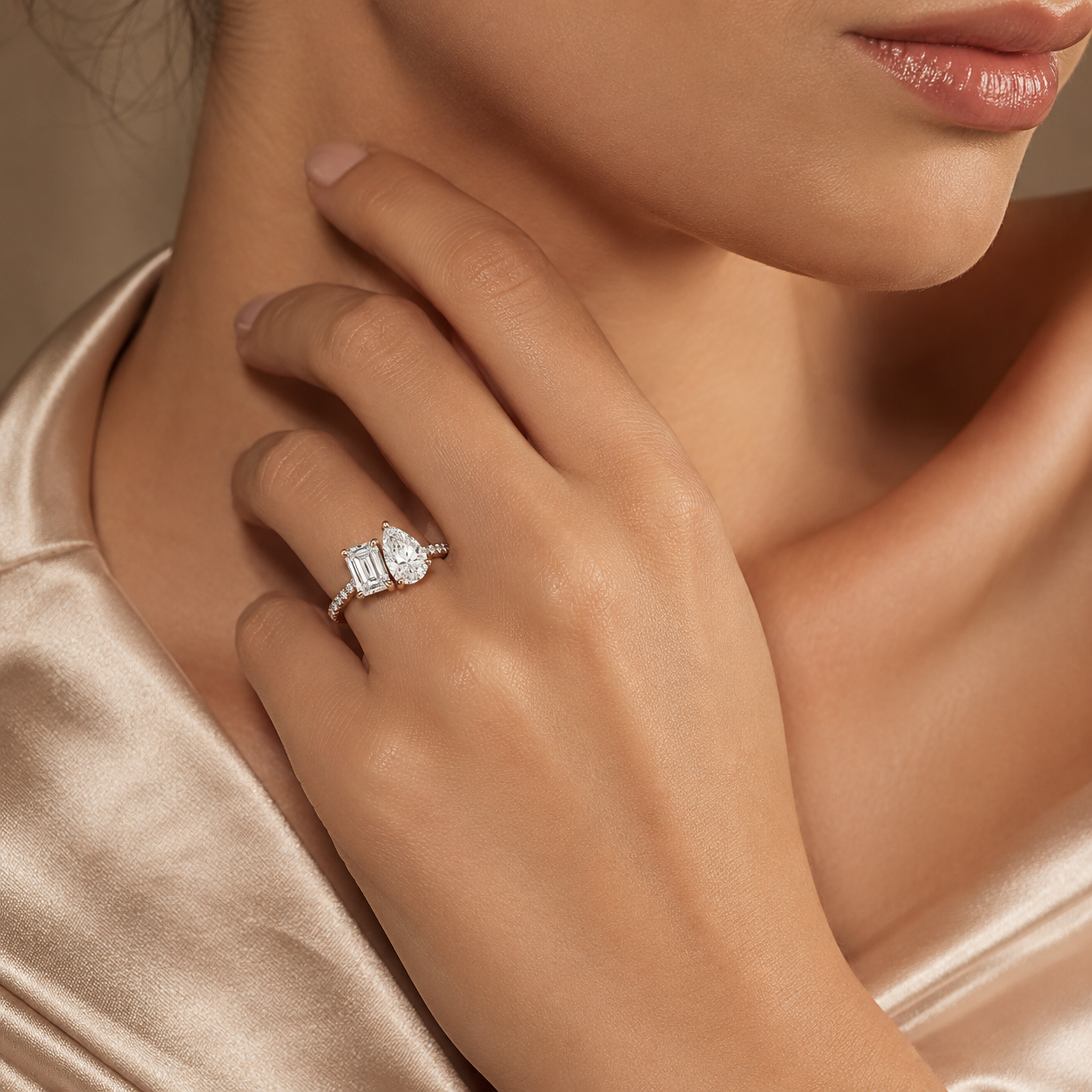 Emerald & Pear Accented Toi Et Moi in Platinum wearing