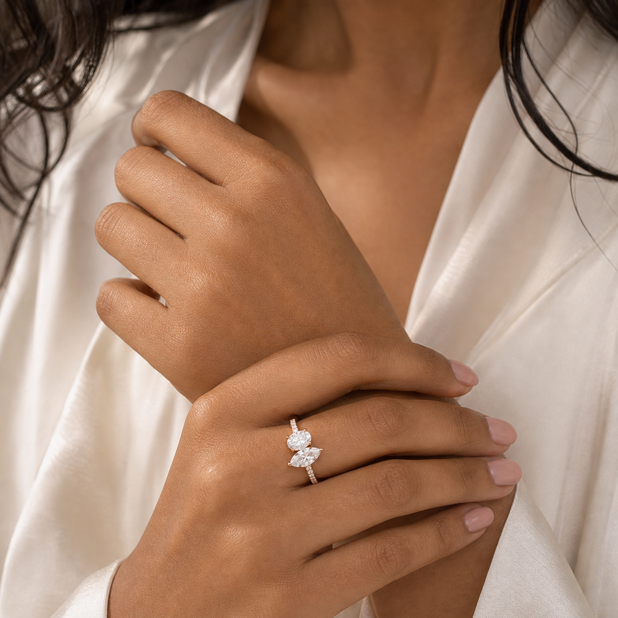 Oval & Marquise Accented Toi Et Moi in 14K Rose Gold wearing