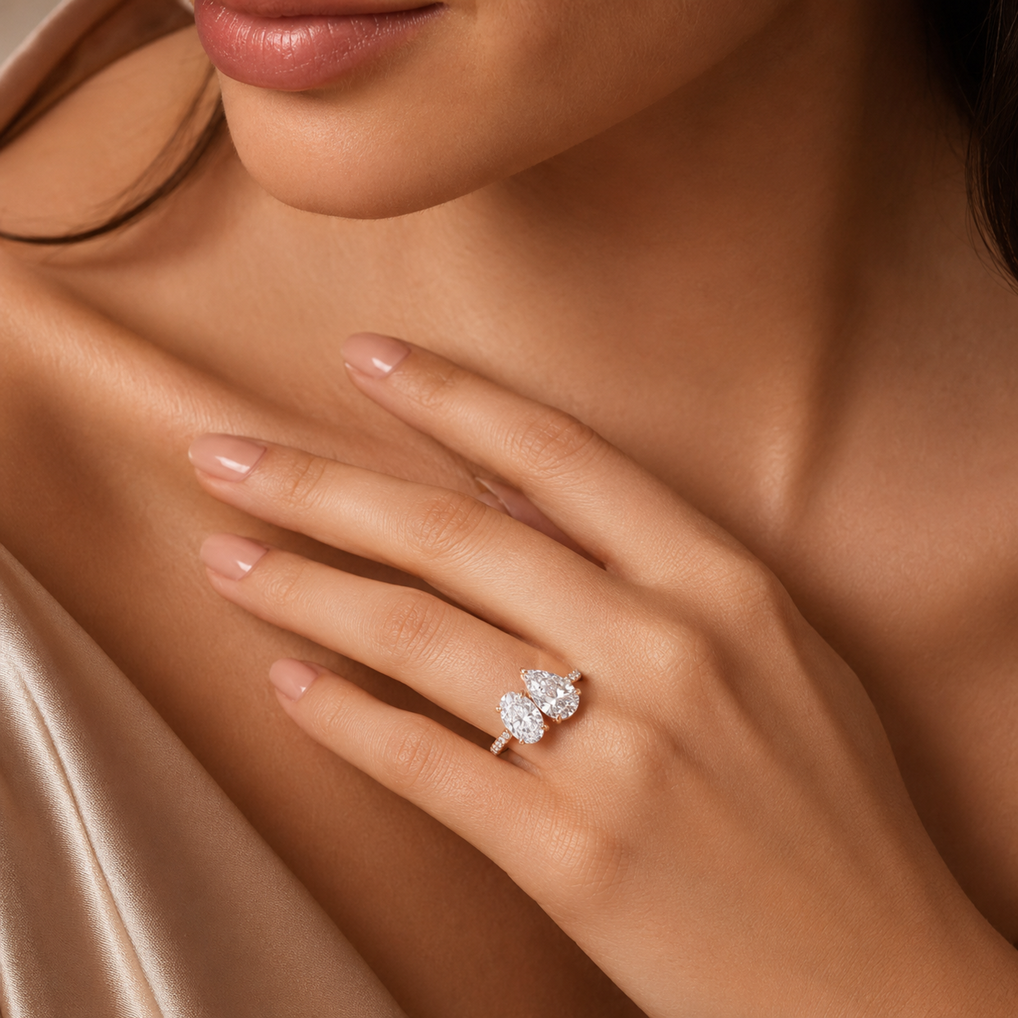 Oval & Pear Accented Toi Et Moi in Platinum wearing