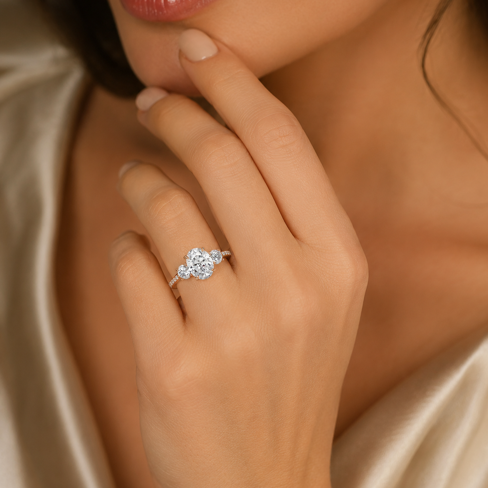 Oval Twisted Vine Three Stone in 14K White Gold wearing