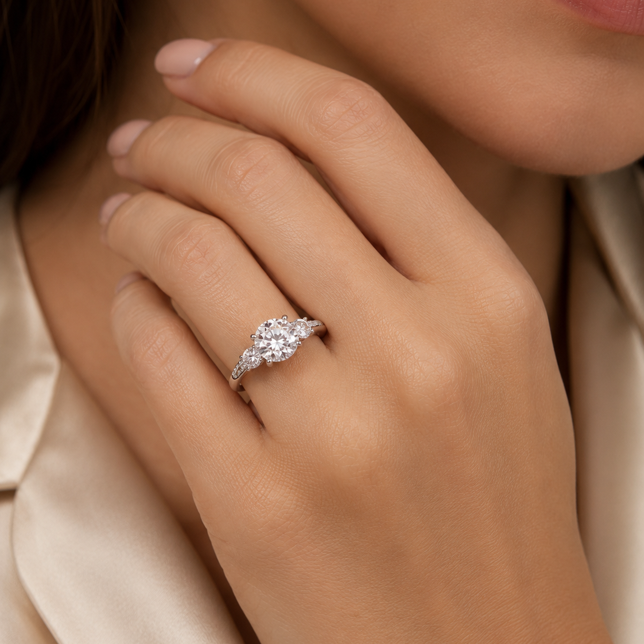 Pear Twisted Vine Three Stone in 14K White Gold wearing