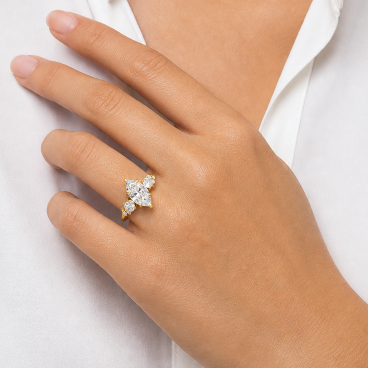 Marquise Composite Three Stone Ring in 14K Yellow Gold wearing