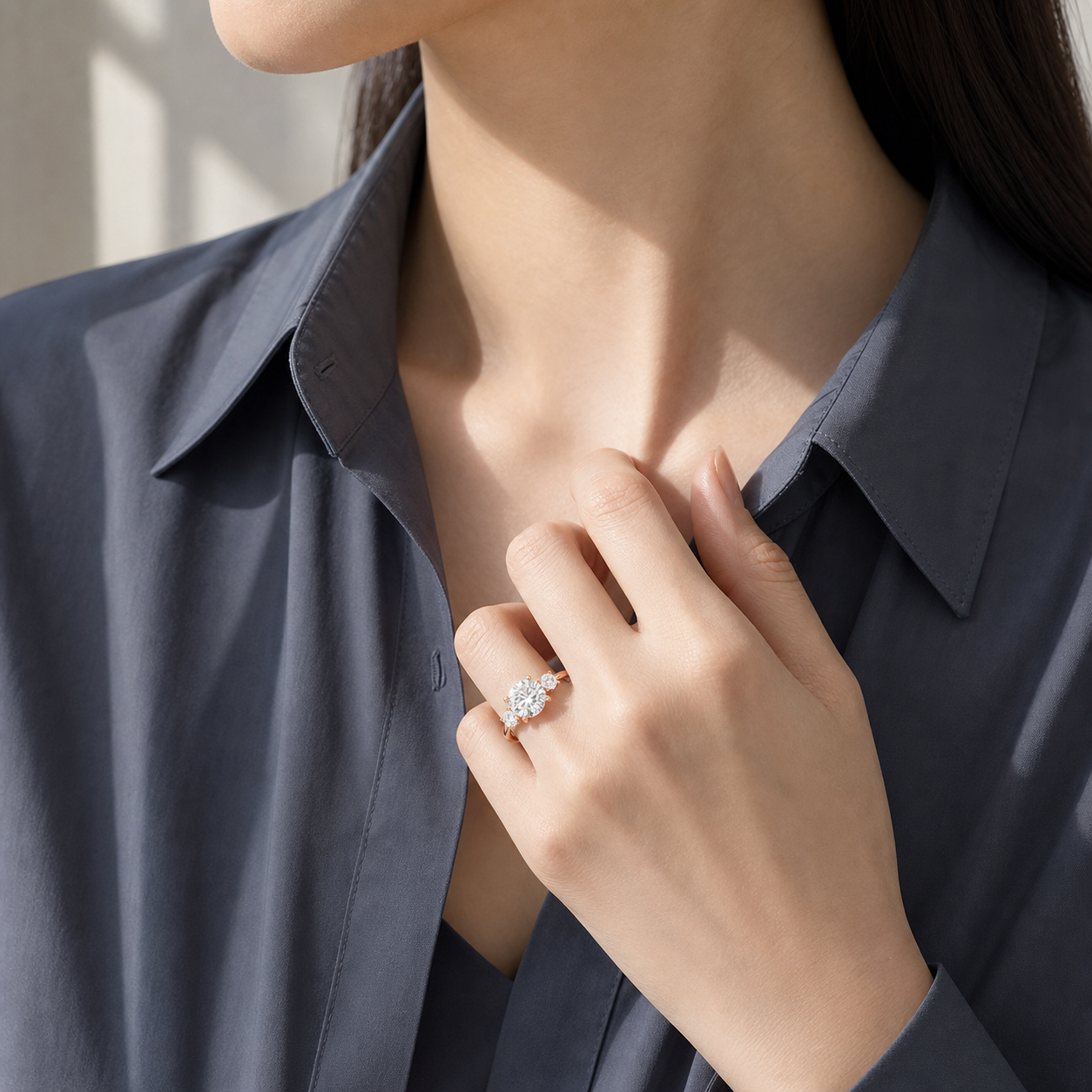 Round Classic Round Three Stone Large Sides in 14K Yellow Gold wearing