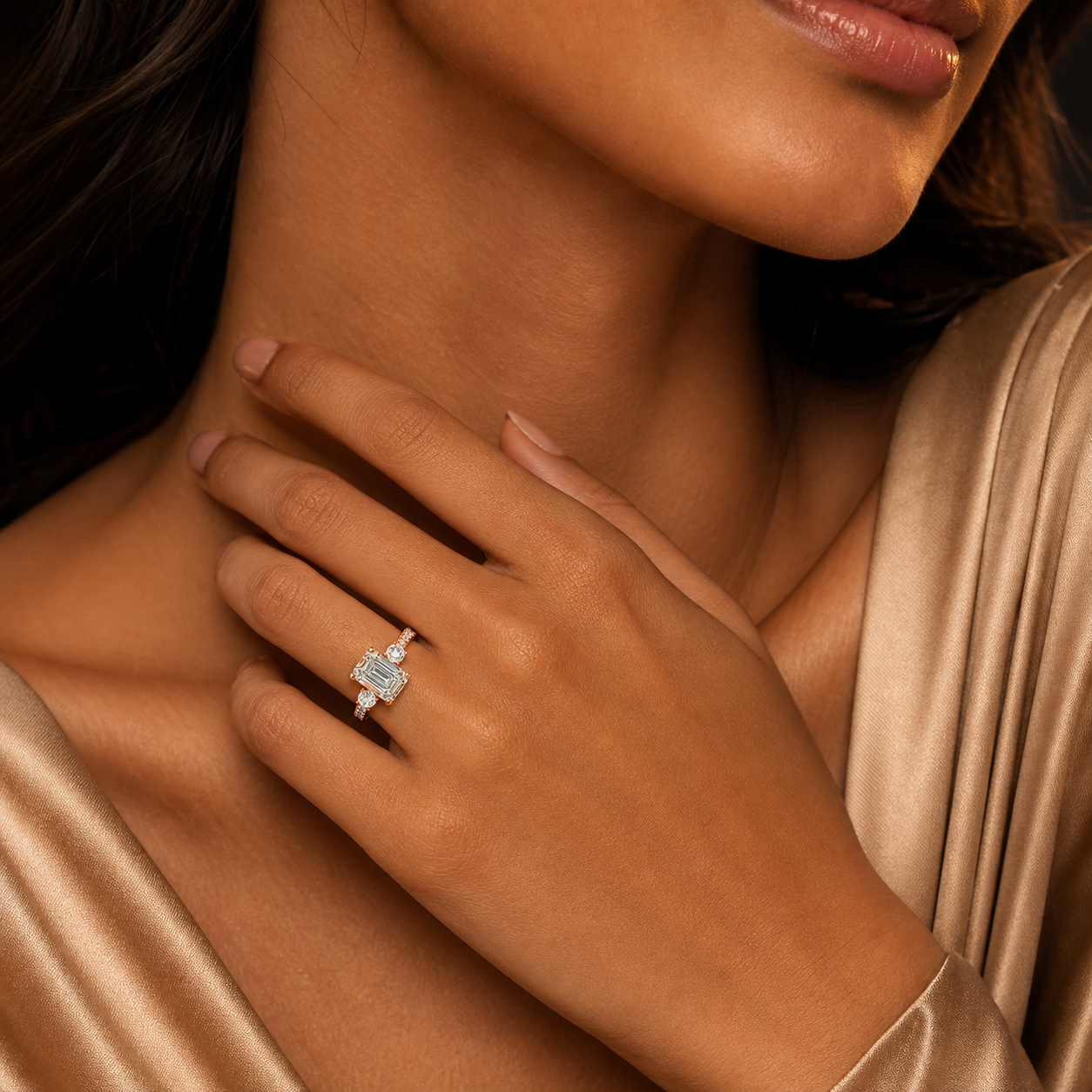Emerald Classic Round Three Stone Pavé in 14K Rose Gold wearing