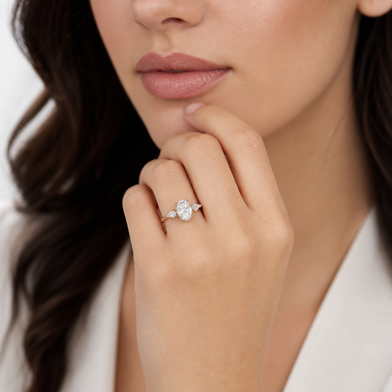 Oval Kite Side Three Stone Large Sides in 18K Yellow Gold wearing