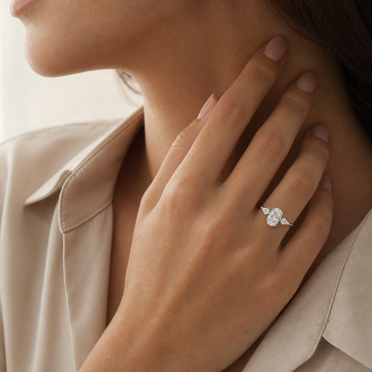 Oval Kite Side Three Stone Large Sides in Platinum wearing