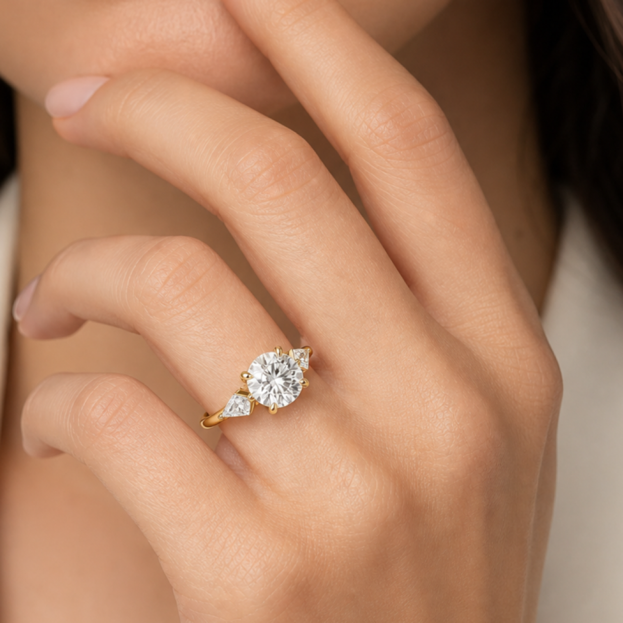 Round Kite Side Three Stone Large Sides in 18K Yellow Gold wearing