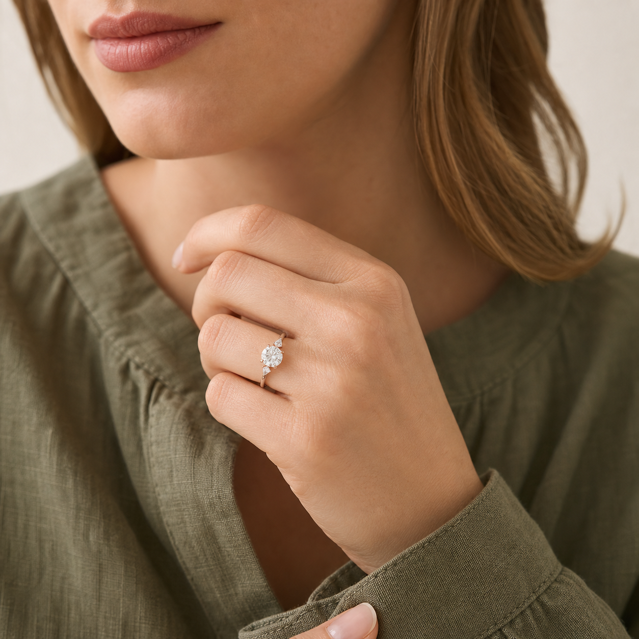 Round Kite Side Three Stone Small Sides in 14K Yellow Gold wearing