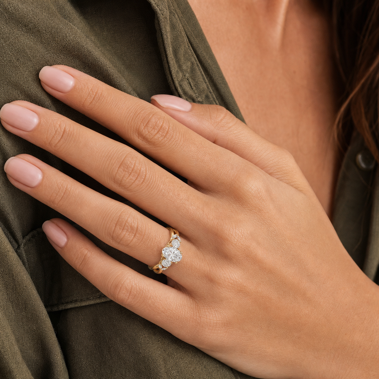 Oval Willow Composite Three Stone in 14K Yellow Gold wearing