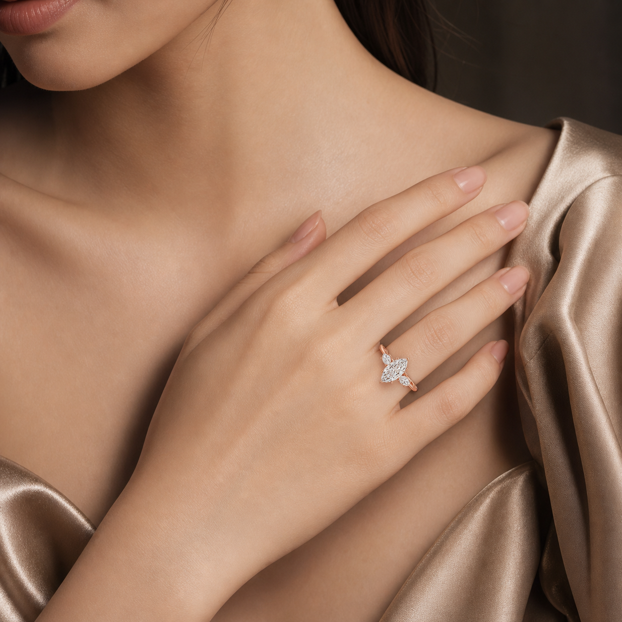 Marquise Classic Three Stone in 18K Yellow Gold wearing