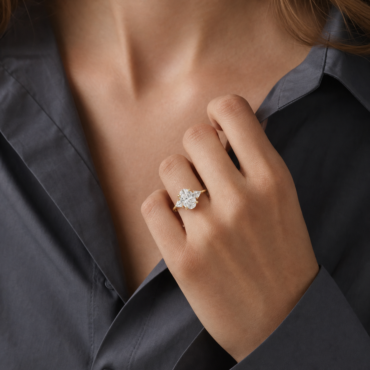 Oval Trillion Three Stone Large Sides in 18K Yellow Gold wearing