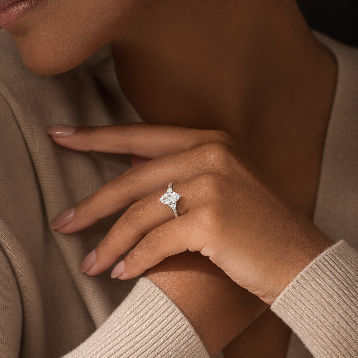 Pear Trillion Three Stone Large Sides in Platinum wearing