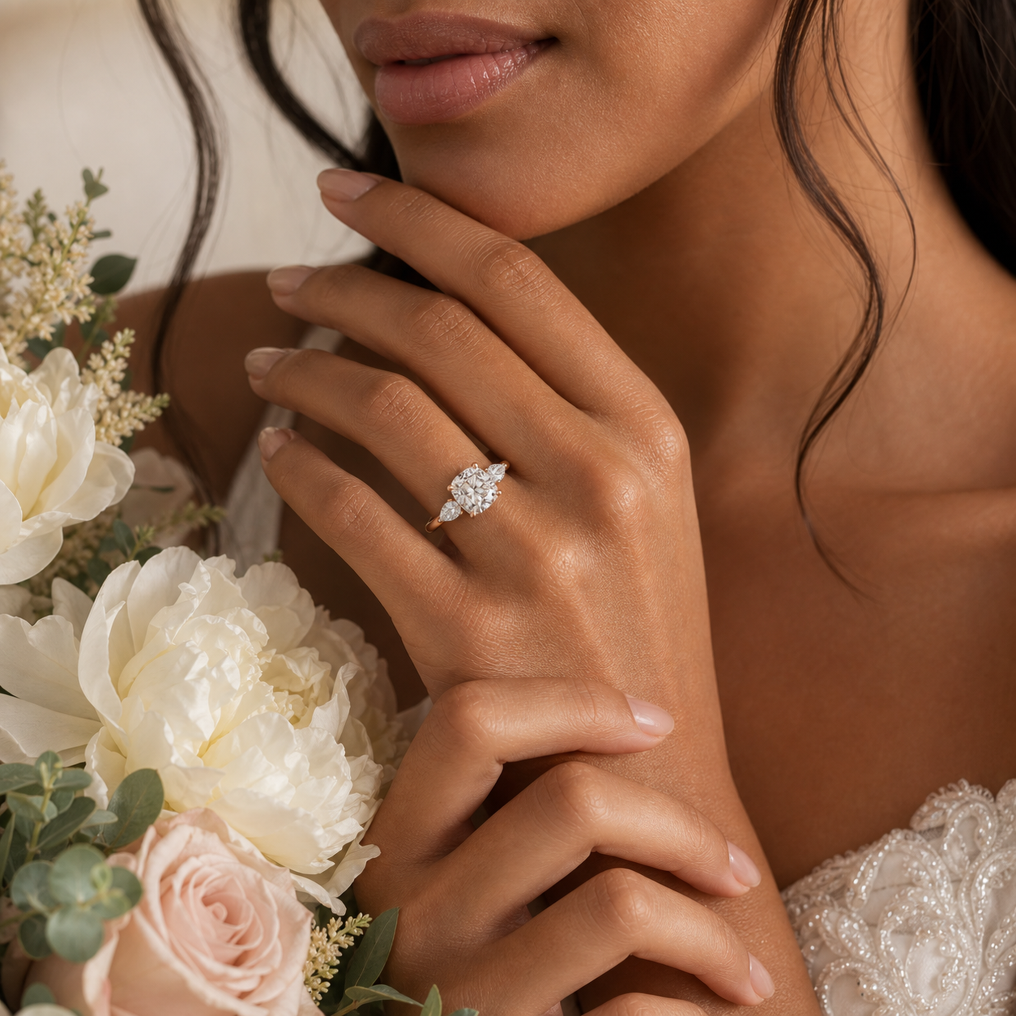 Cushion Pear Side Three Stone Classic in 14K Rose Gold wearing