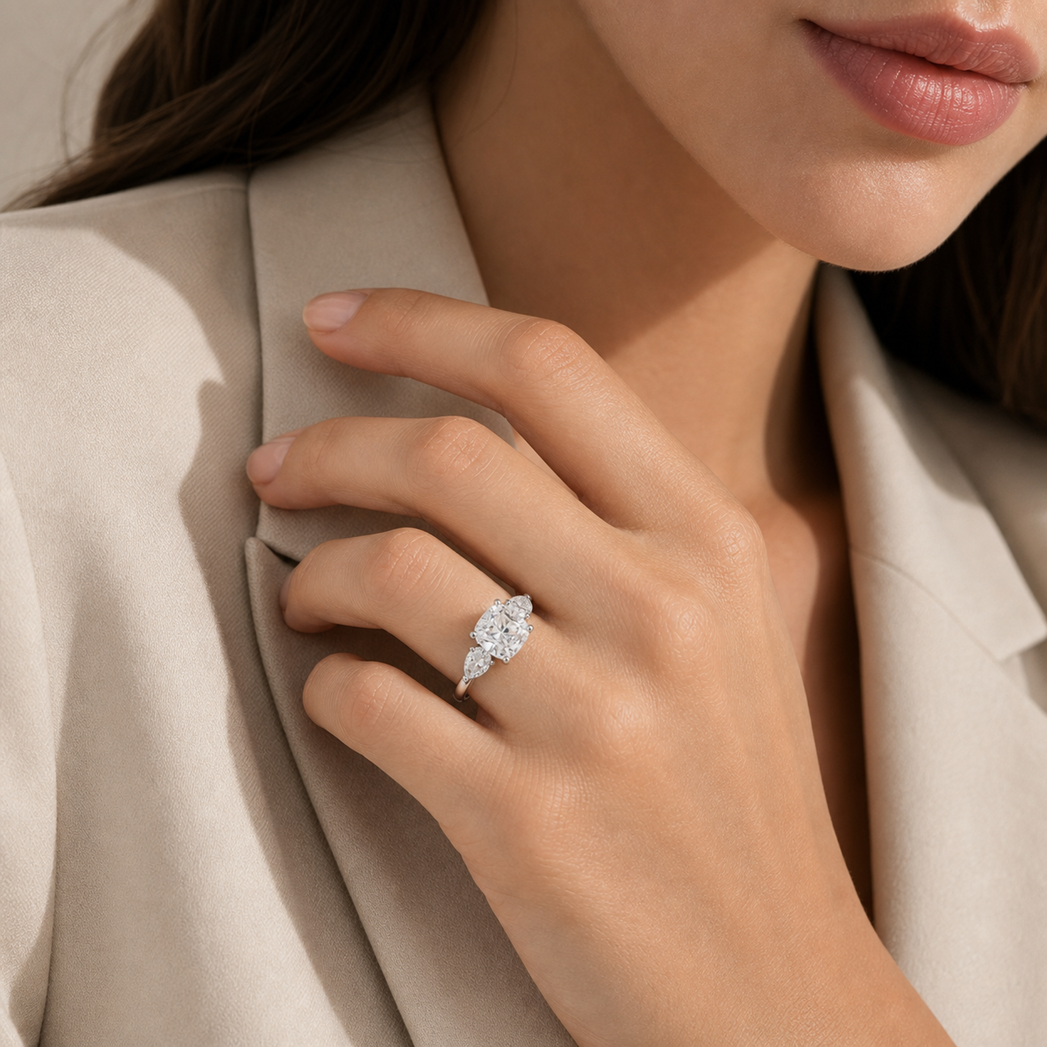 Cushion Pear Side Three Stone Classic in 18K White Gold wearing