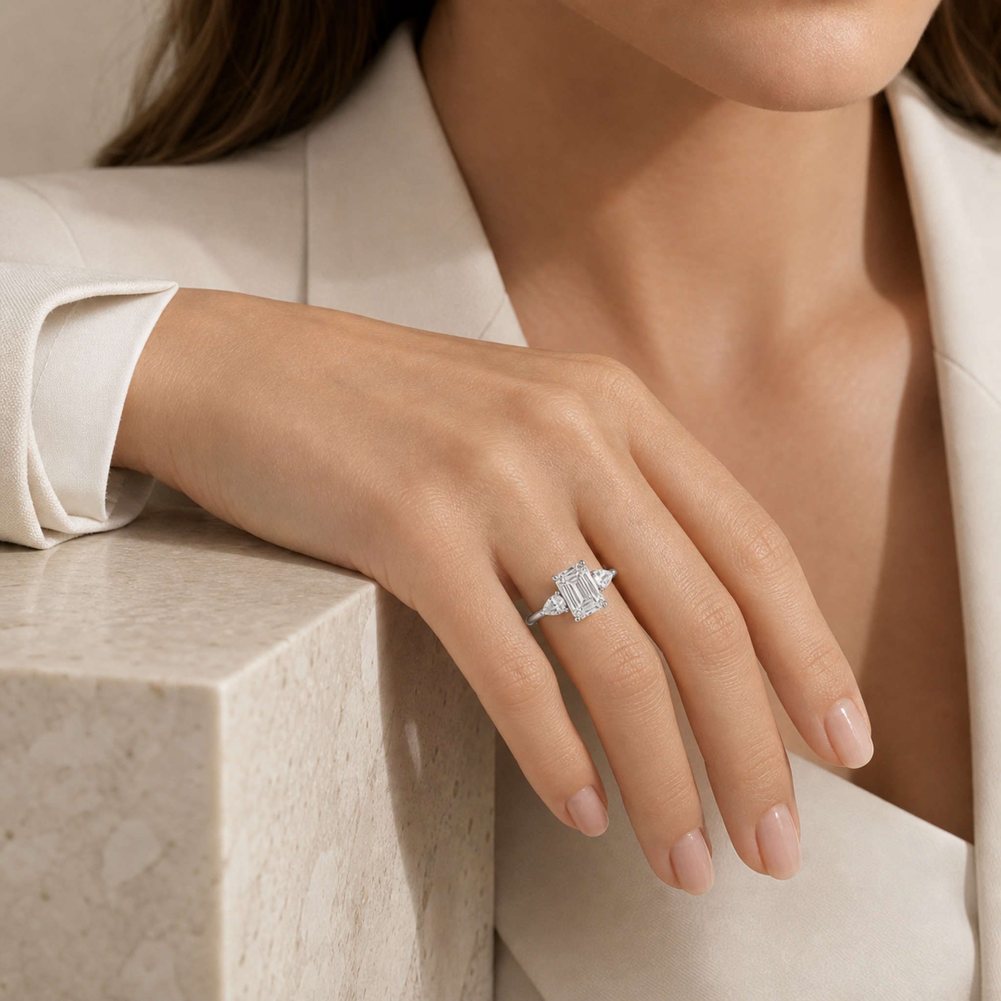 Emerald Pear Side Three Stone Classic in 14K White Gold wearing
