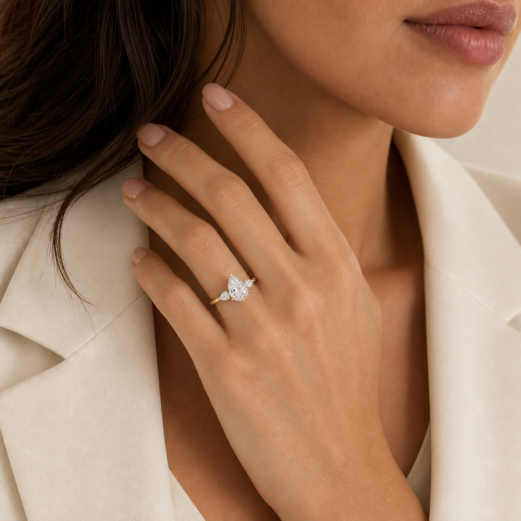 Pear Pear Side Three Stone Classic in 14K Yellow Gold wearing