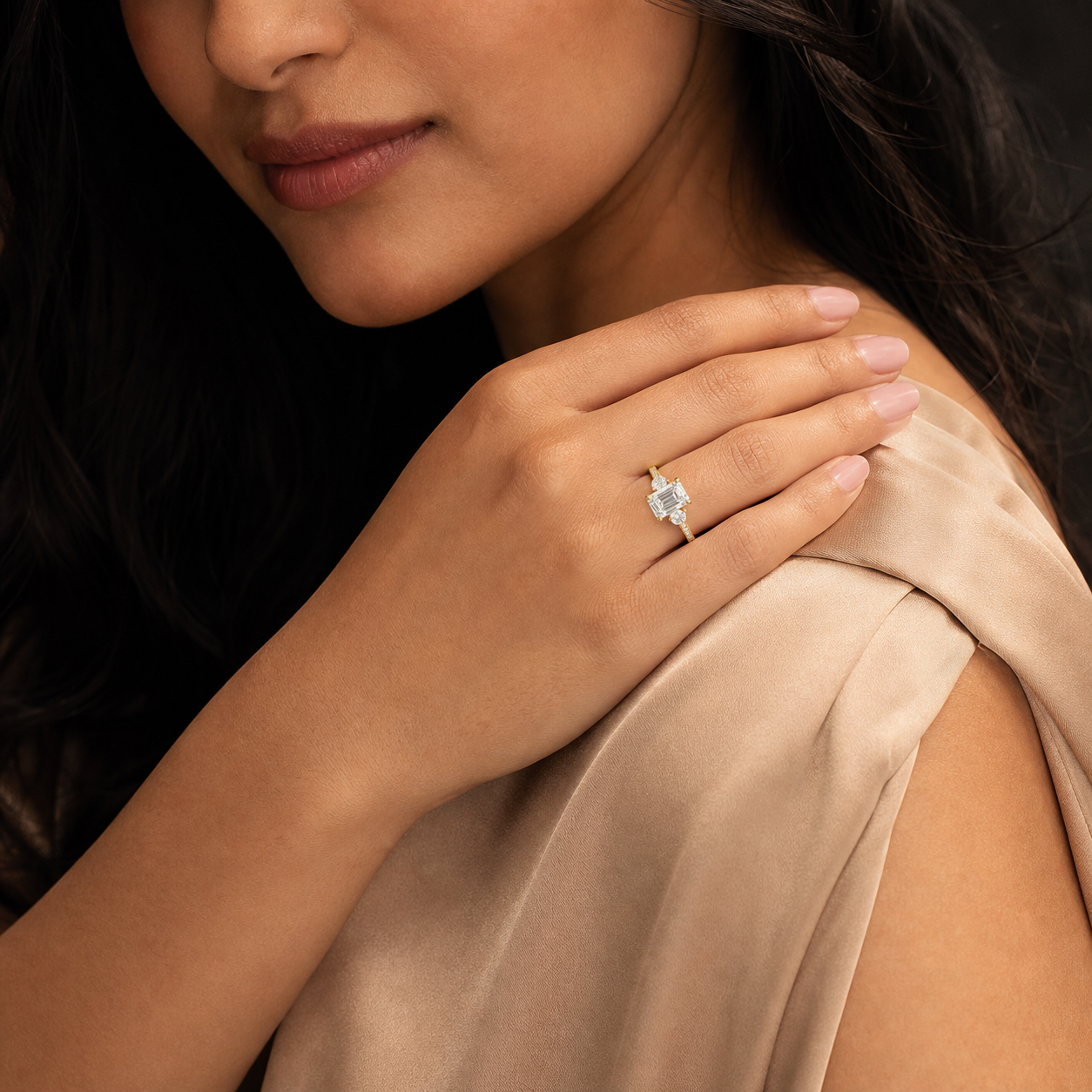 Emerald Round Side Three Stone Pavé in 18K Yellow Gold wearing