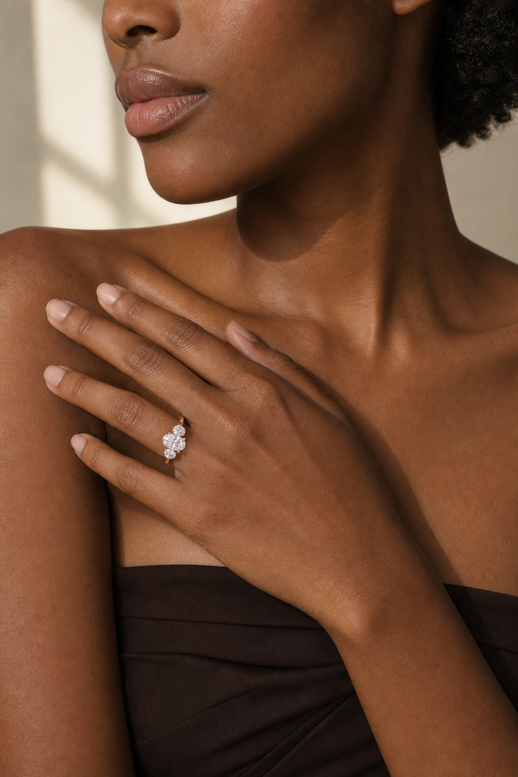 Oval Round Side Three Stone Plain in 14K Rose Gold wearing