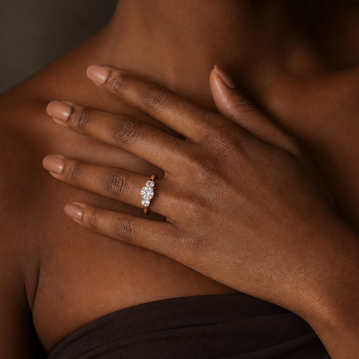 Round Round Three-Stone with Pear Sides in 14K Rose Gold wearing