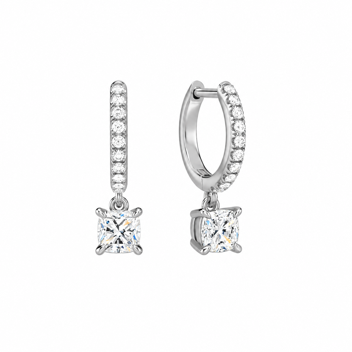 Fiorella Cushion Accented Drop Huggie Hoop Lab-Grown Diamond Earrings in Platinum, front view