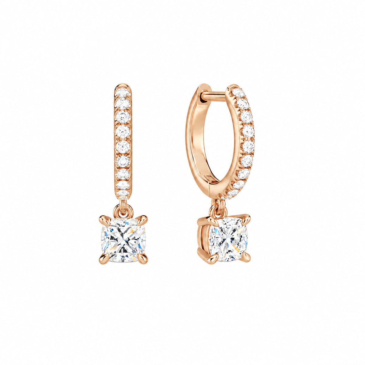 Fiorella Cushion Accented Drop Huggie Hoop Lab-Grown Diamond Earrings in 14K Rose Gold, front view