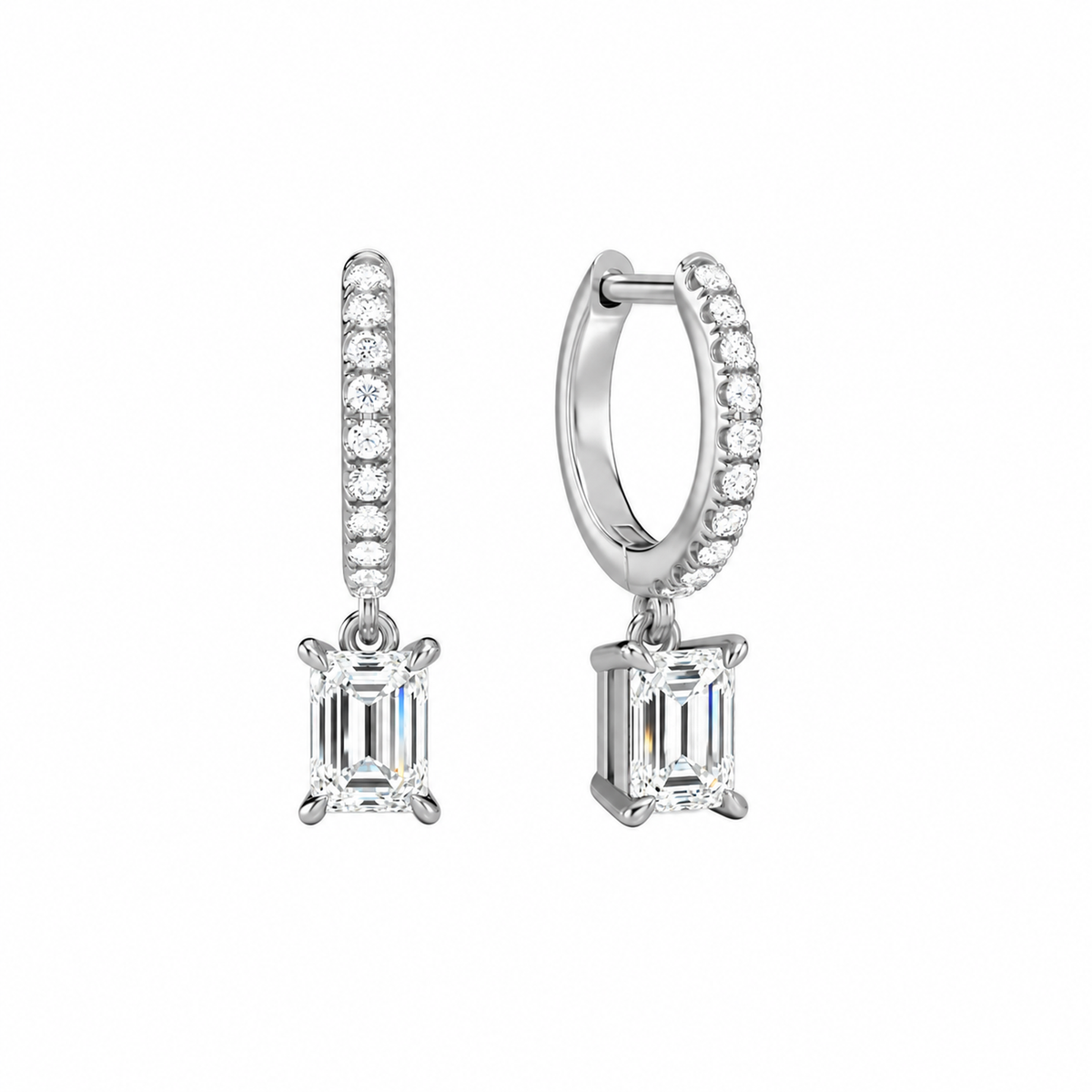 Fiorella Emerald Accented Drop Huggie Hoop Lab-Grown Diamond Earrings in 14K White Gold, front view