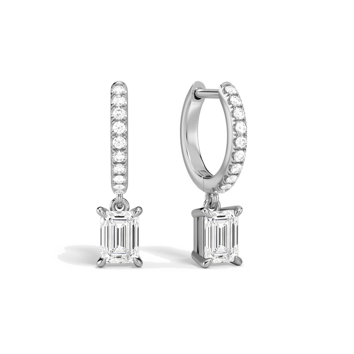 Fiorella Emerald Accented Drop Huggie Hoop Lab-Grown Diamond Earrings in 14K White Gold, front view