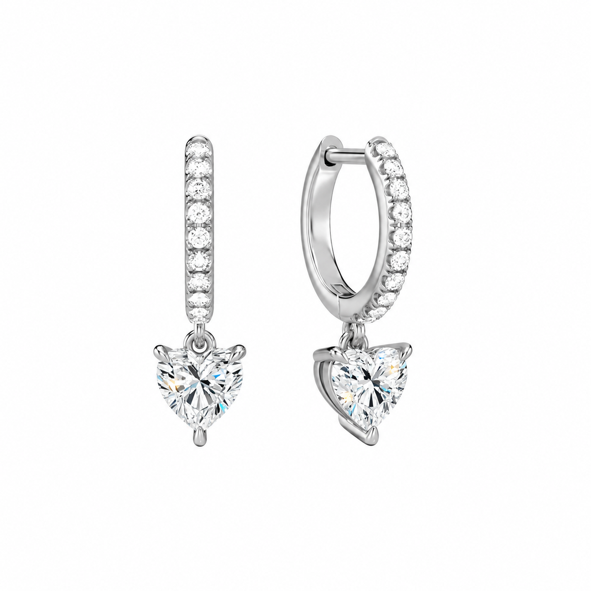 Fiorella Heart Accented Drop Huggie Hoop Lab-Grown Diamond Earrings in 18K White Gold, front view