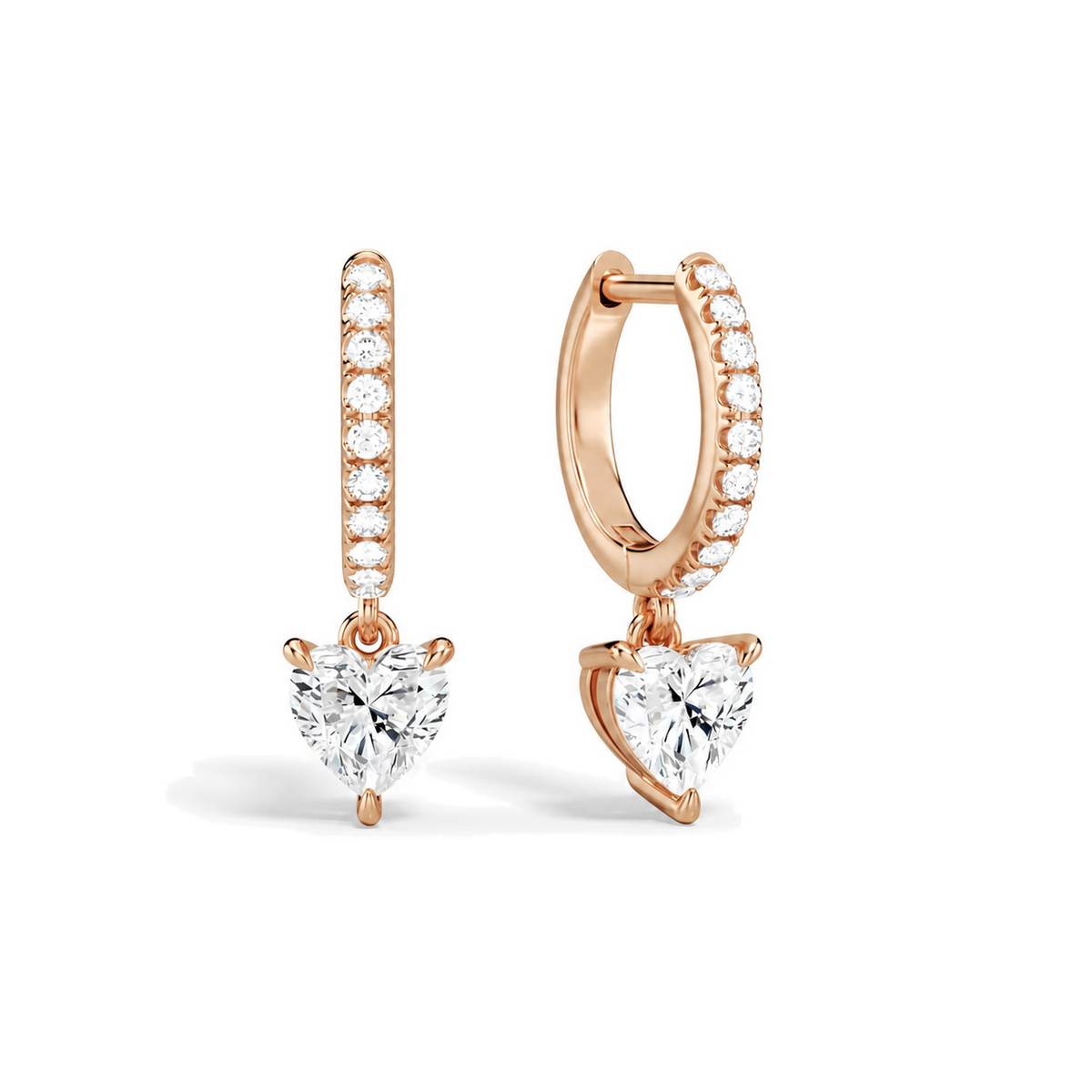 Fiorella Heart Accented Drop Huggie Hoop Lab-Grown Diamond Earrings in 14K Rose Gold, front view
