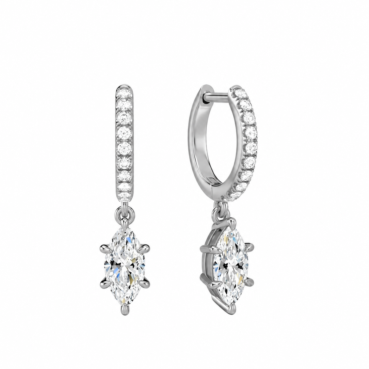 Fiorella Marquise Accented Drop Huggie Hoop Lab-Grown Diamond Earrings in 18K White Gold, front view