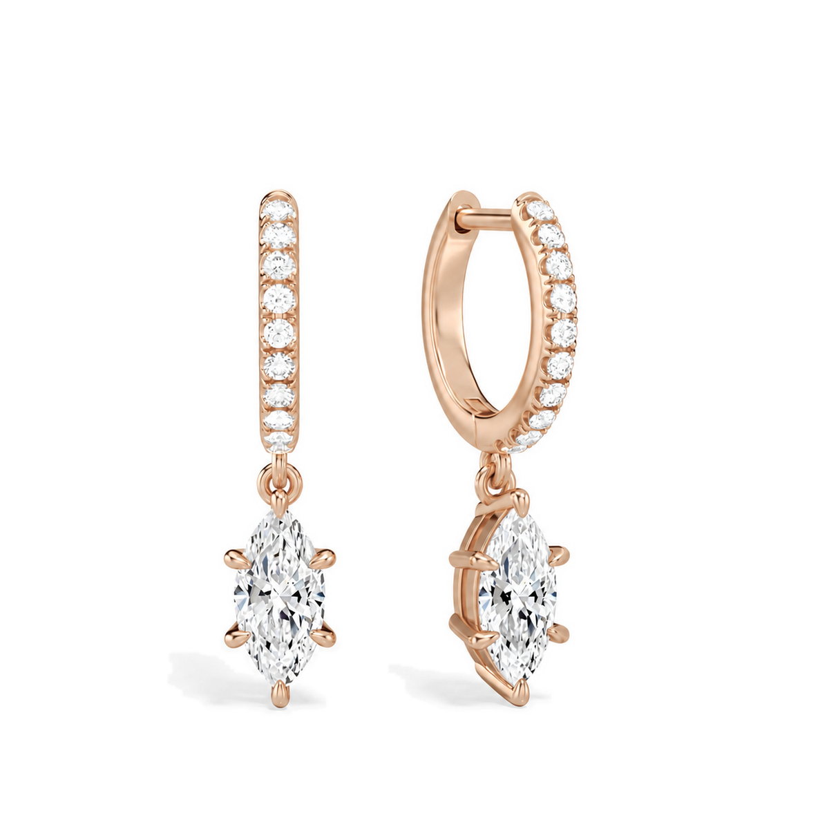 Fiorella Marquise Accented Drop Huggie Hoop Lab-Grown Diamond Earrings in 14K Rose Gold, front view
