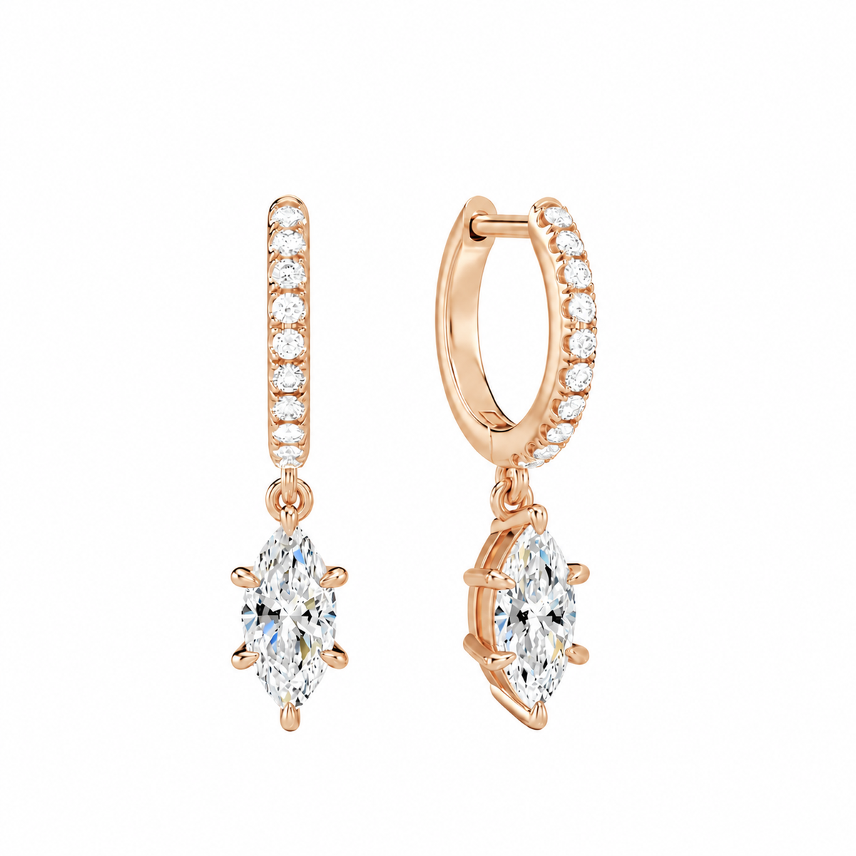 Fiorella Marquise Accented Drop Huggie Hoop Lab-Grown Diamond Earrings in 14K Rose Gold, front view