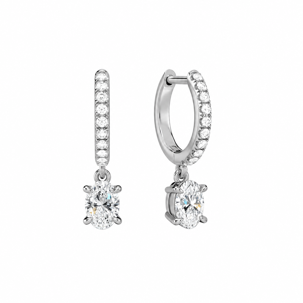 Fiorella Oval Accented Drop Huggie Hoop Lab-Grown Diamond Earrings in 18K White Gold, front view
