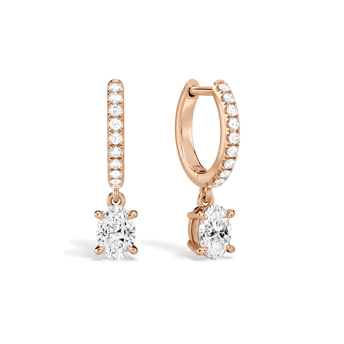Fiorella Oval Accented Drop Huggie Hoop Lab-Grown Diamond Earrings in 14K Rose Gold, front view
